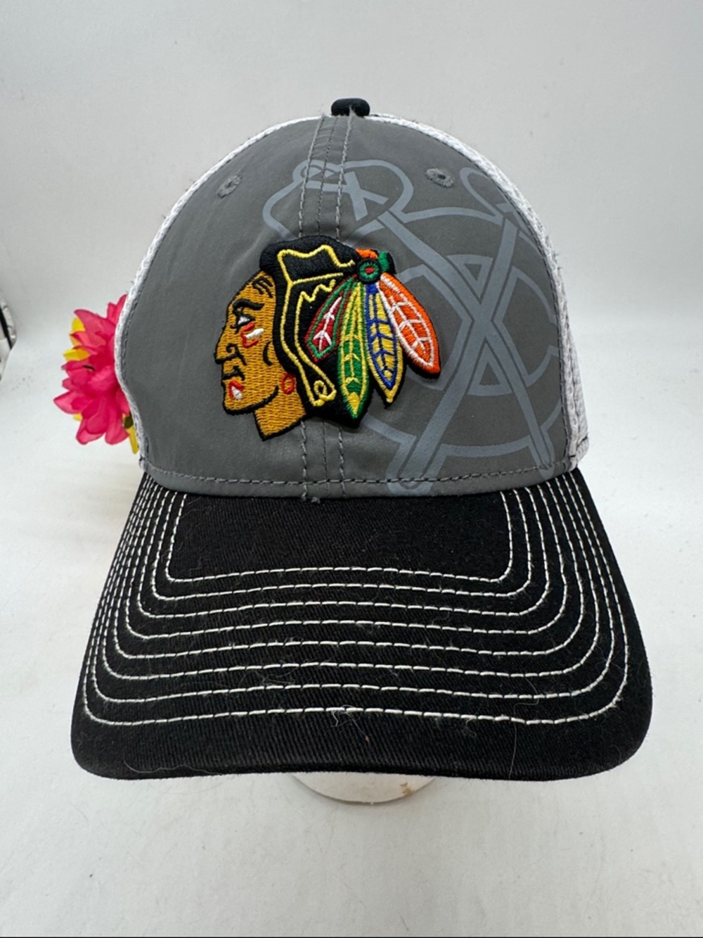 Chicago Blackhawks Gray and Black Trucker Hat with Colorful Feather Patch